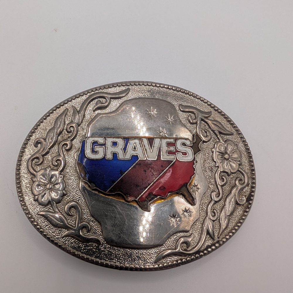Vintage Silver Floral Belt Buckle with GRAVES Logo